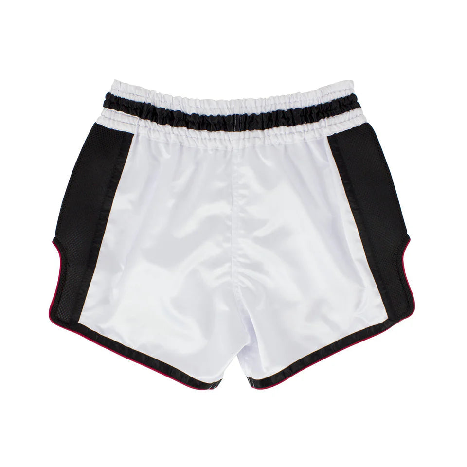 White Muay Thai shorts with black accents on a white background