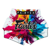 Colorful tie-dye Fairtex shorts on a white background