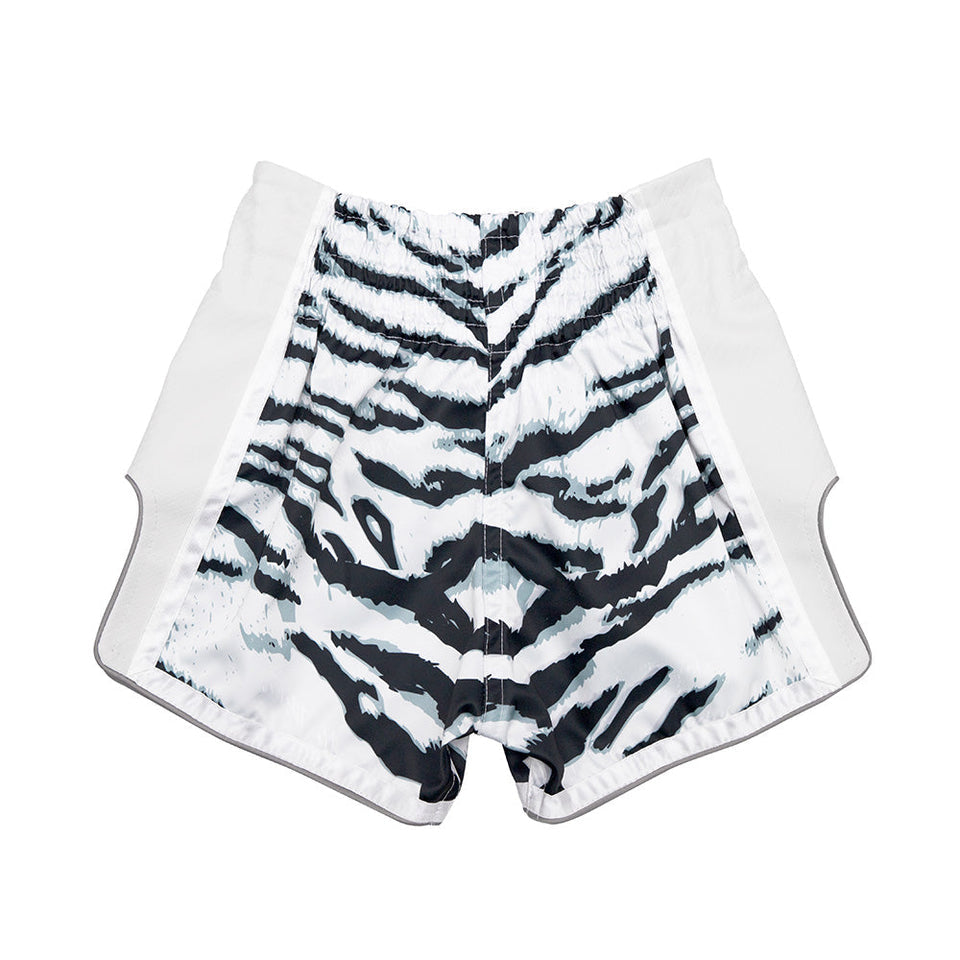 White Muay Thai shorts with black tiger stripe pattern on a white background