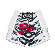 White and black tiger stripe patterned shorts with Fairtex branding on a white background