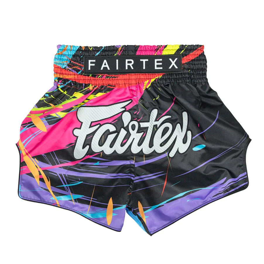 Colorful Fairtex boxing shorts with multicolor design on a white background