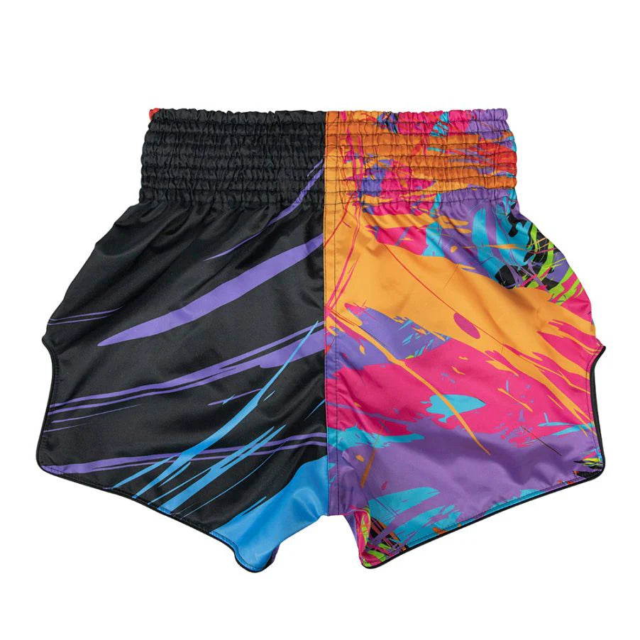 Colorful Muay Thai shorts with black and multicolor design on a white background