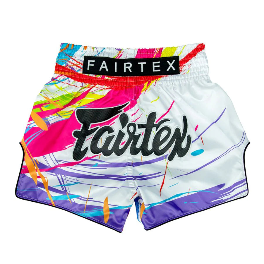 Colorful Muay Thai boxing shorts with Fairtex branding on a white background