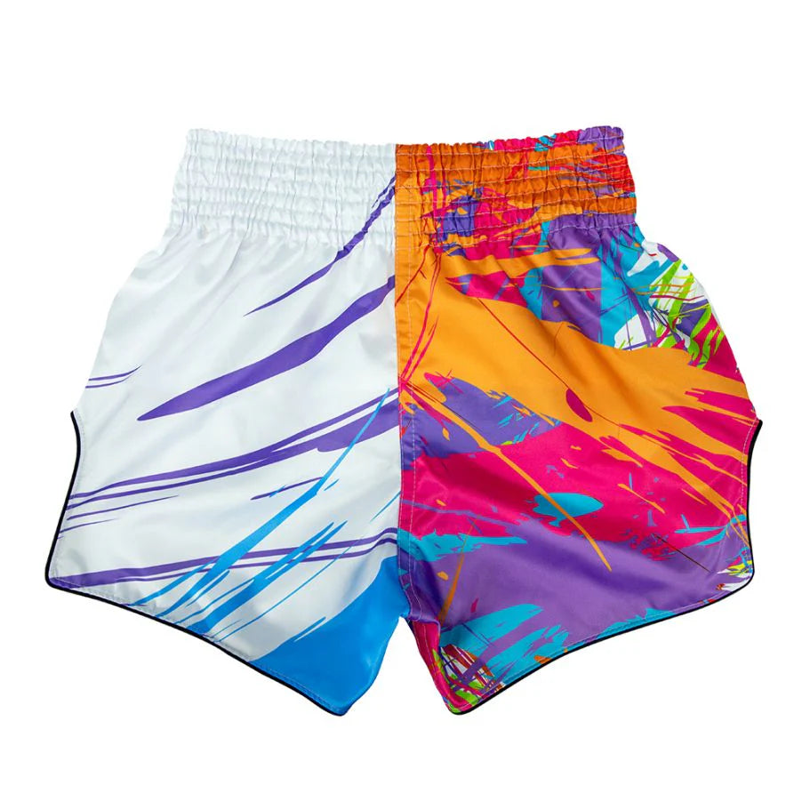 Two pairs of colorful Muay Thai shorts, one white with blue and purple patterns and the other multicolored with abstract design, on a white background.