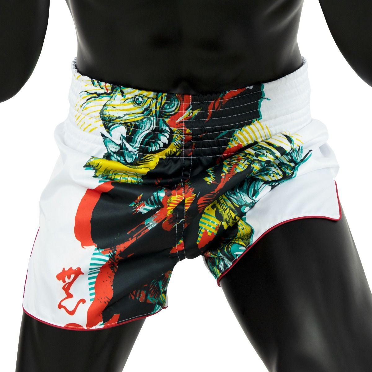 Colorful Muay Thai shorts with a tiger design on a mannequin against a white background