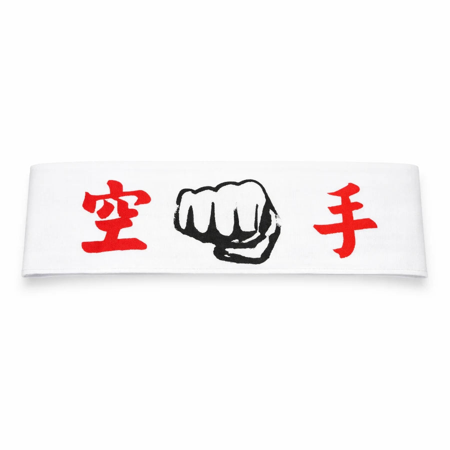 White headband with red characters and a black fist symbol on a white background