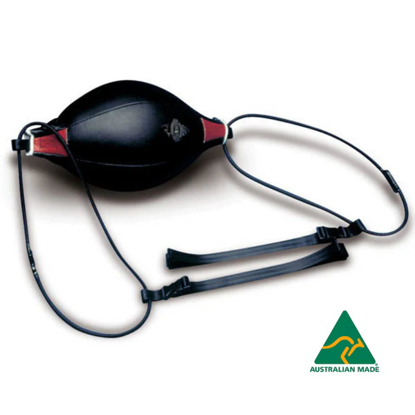 Black floor to ceiling ball with straps on a white background, Australian Made logo visible