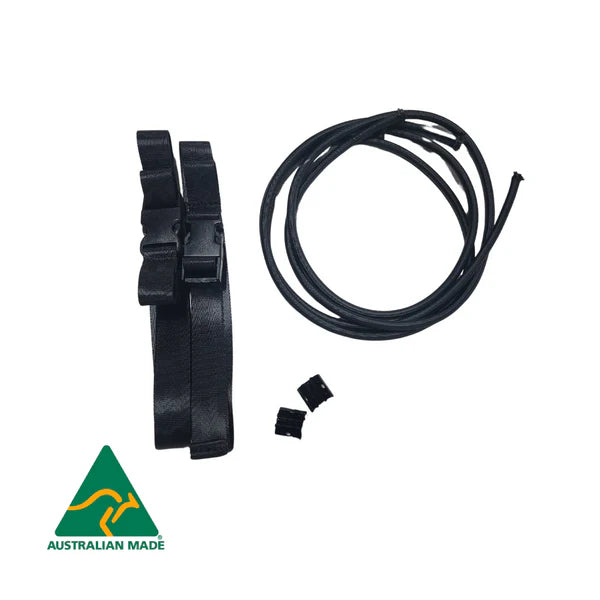 Black rubber straps with a cable on a white background, featuring an 'Australian Made' logo.