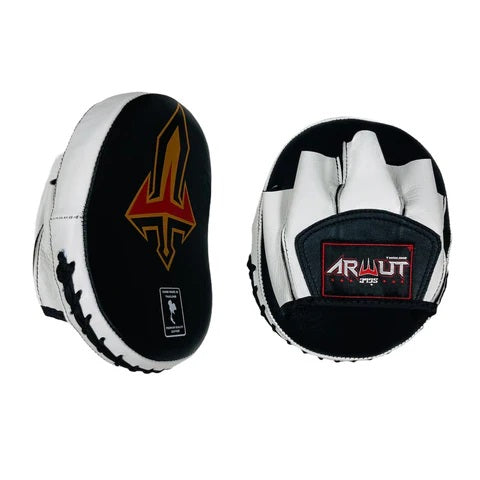 Pair of black and white boxing mitts with a visible brand logo on a white background