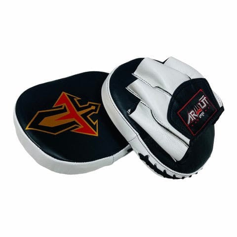 Pair of black and white boxing pads with logos on a white background