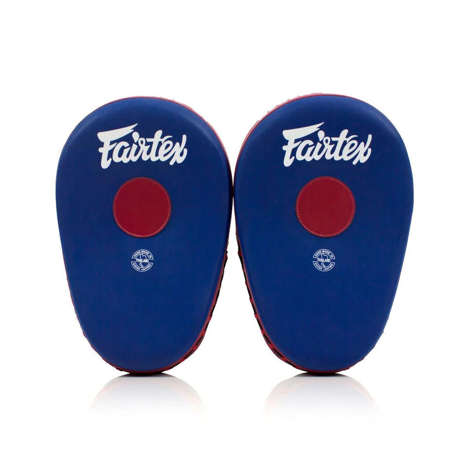 Pair of blue and red Fairtex focus mitts on a white background