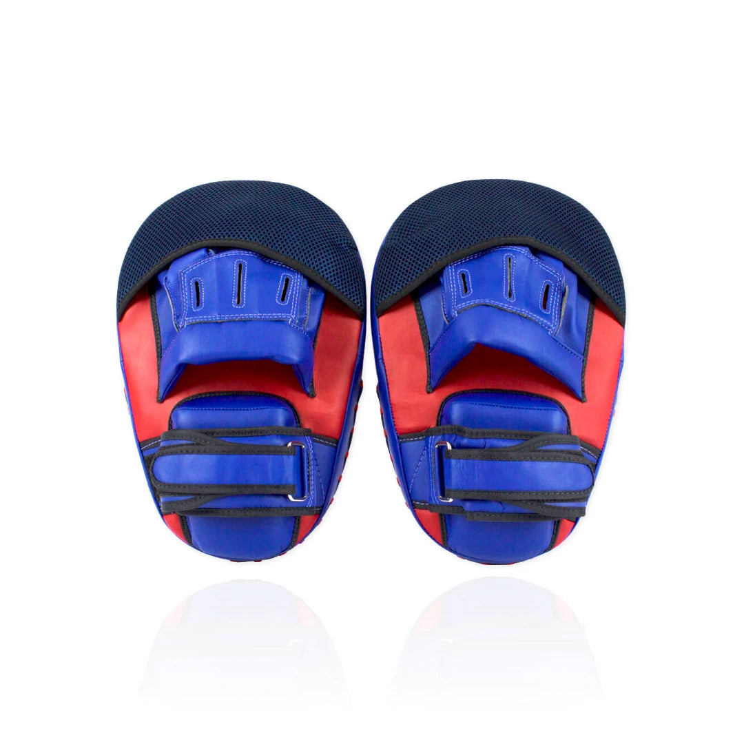 Pair of red and blue Thai pads on a white background