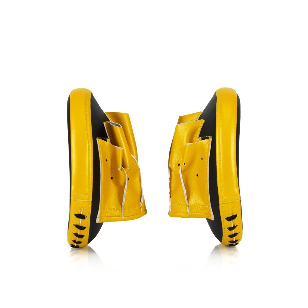Pair of yellow and black boxing pads on a white background