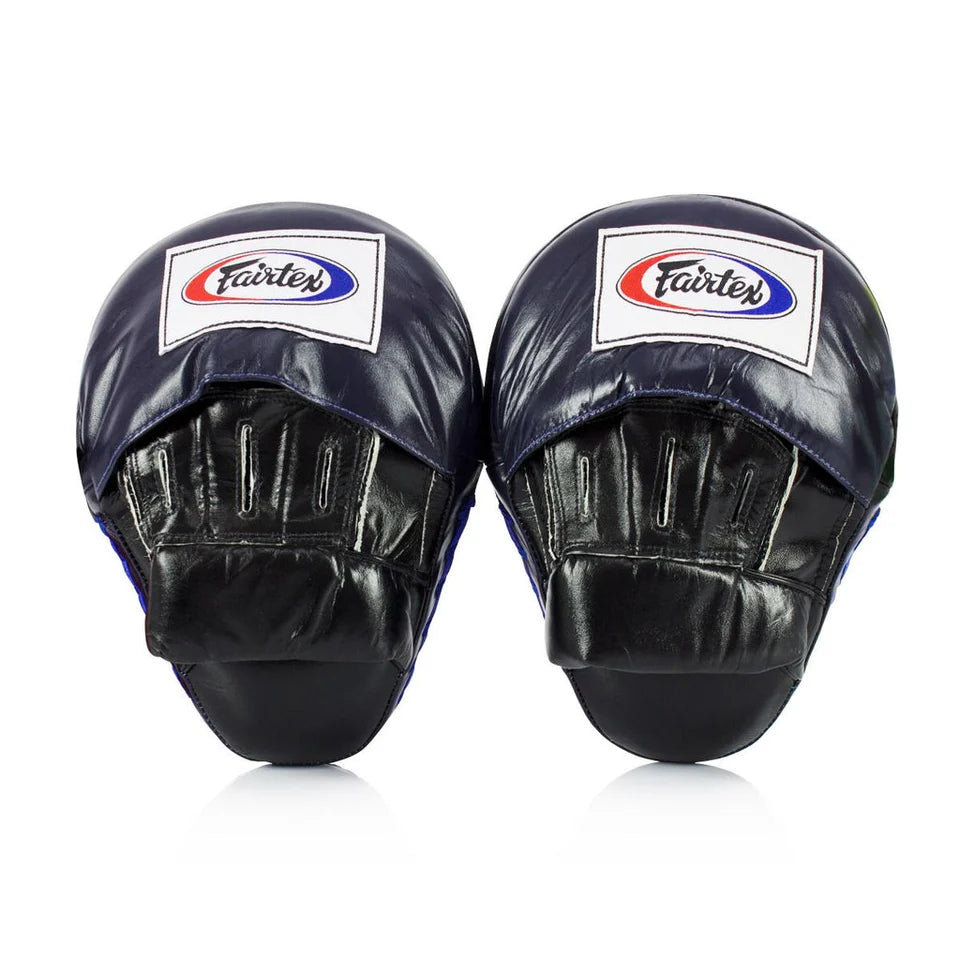 Pair of black boxing mitts with Fairtex logo on a white background