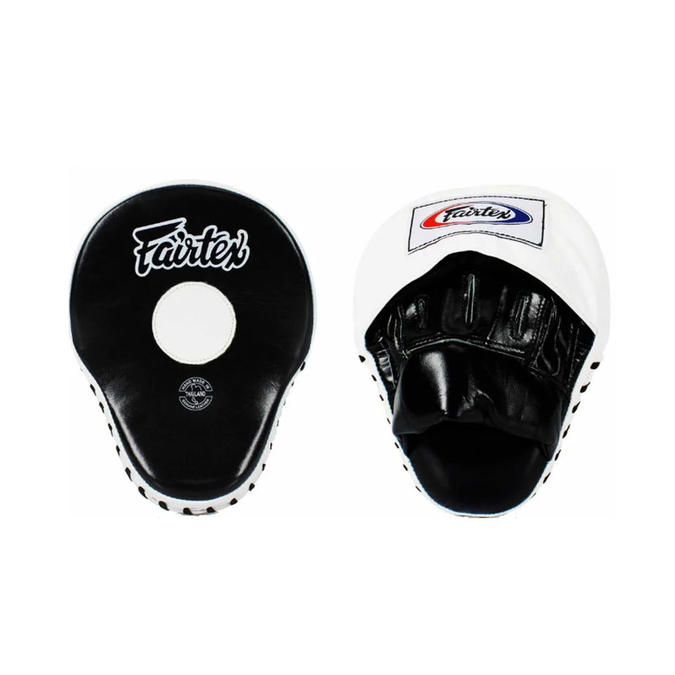 Pair of black and white boxing focus mitts with Fairtex logo on a white background