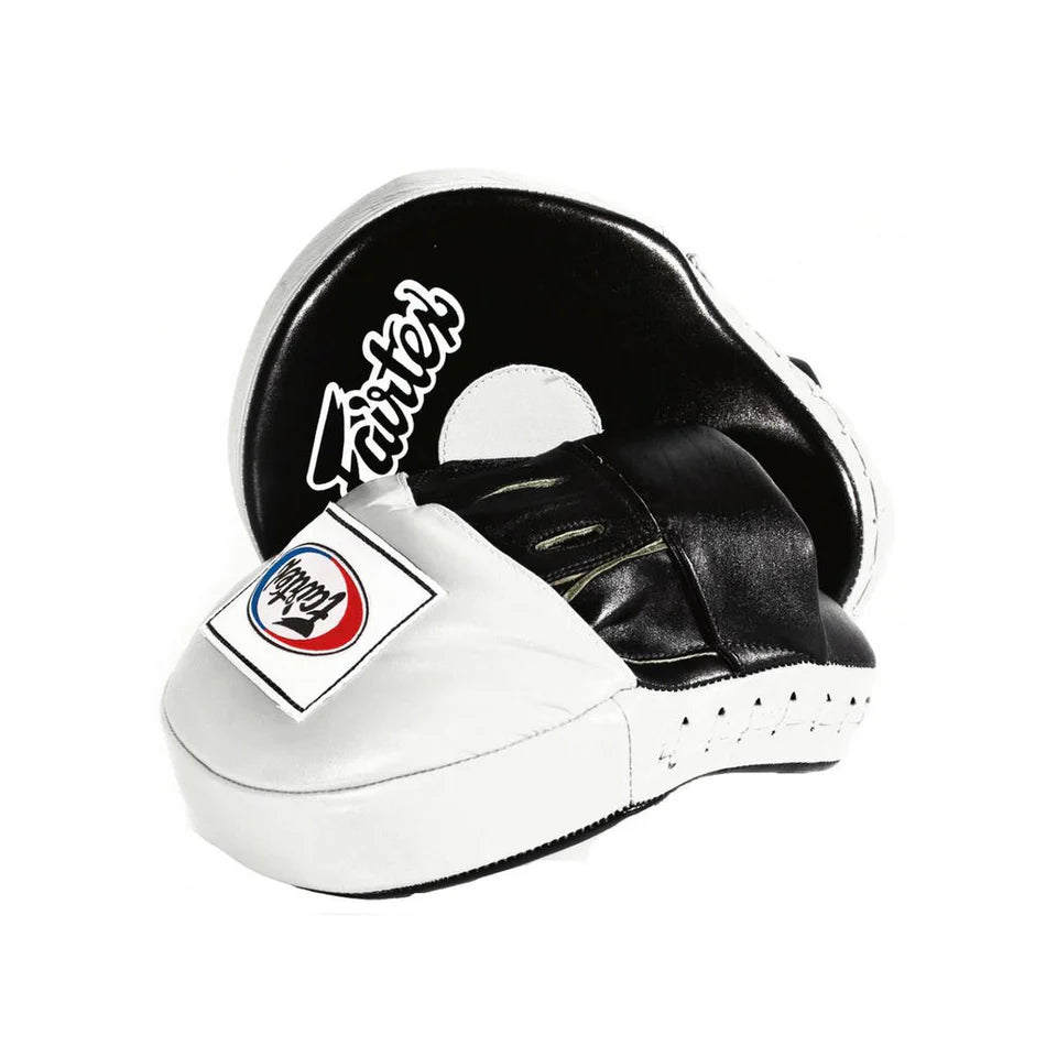 White and black focus mitts with a brand logo on a white background