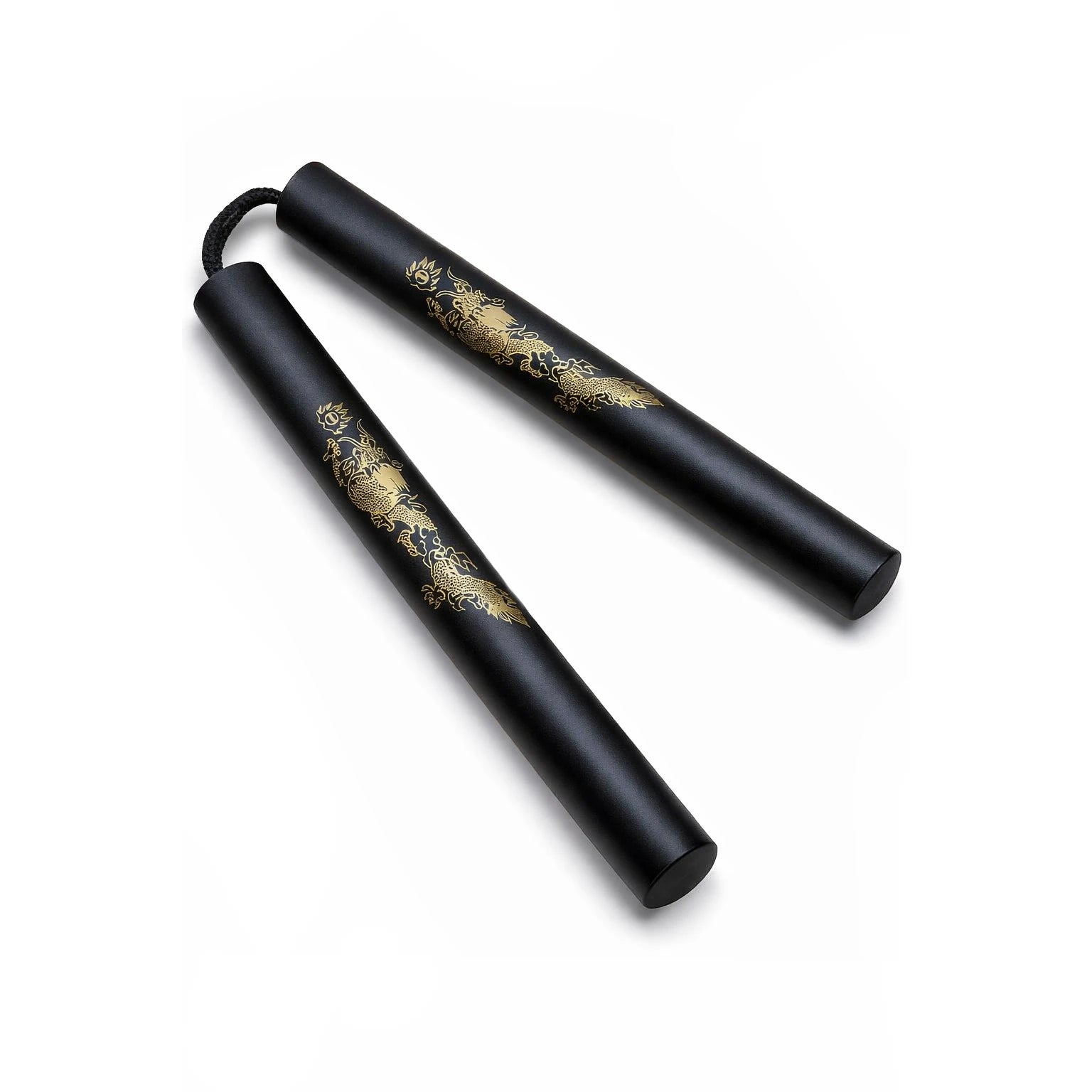 Black nunchaku with gold designs on a white background