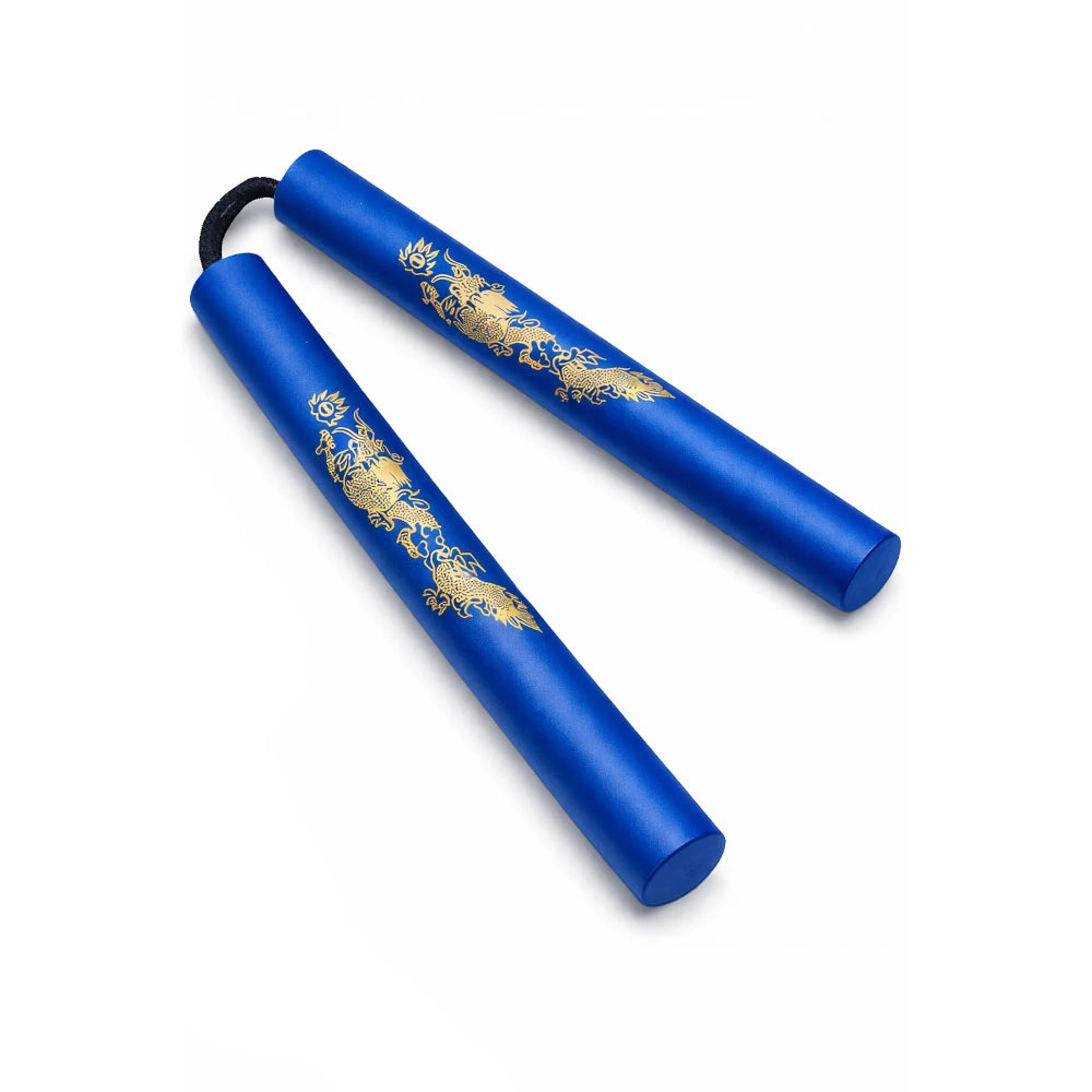 Blue foam nunchaku with gold designs on a white background