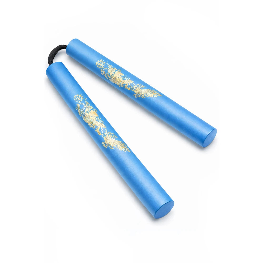 Light blue nunchaku with gold designs on a white background