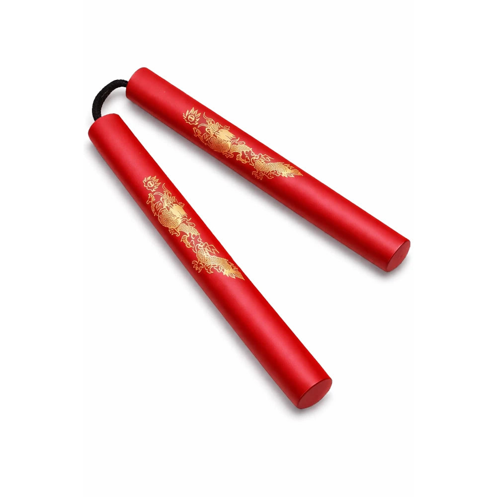 Red nunchaku with gold designs on a white background