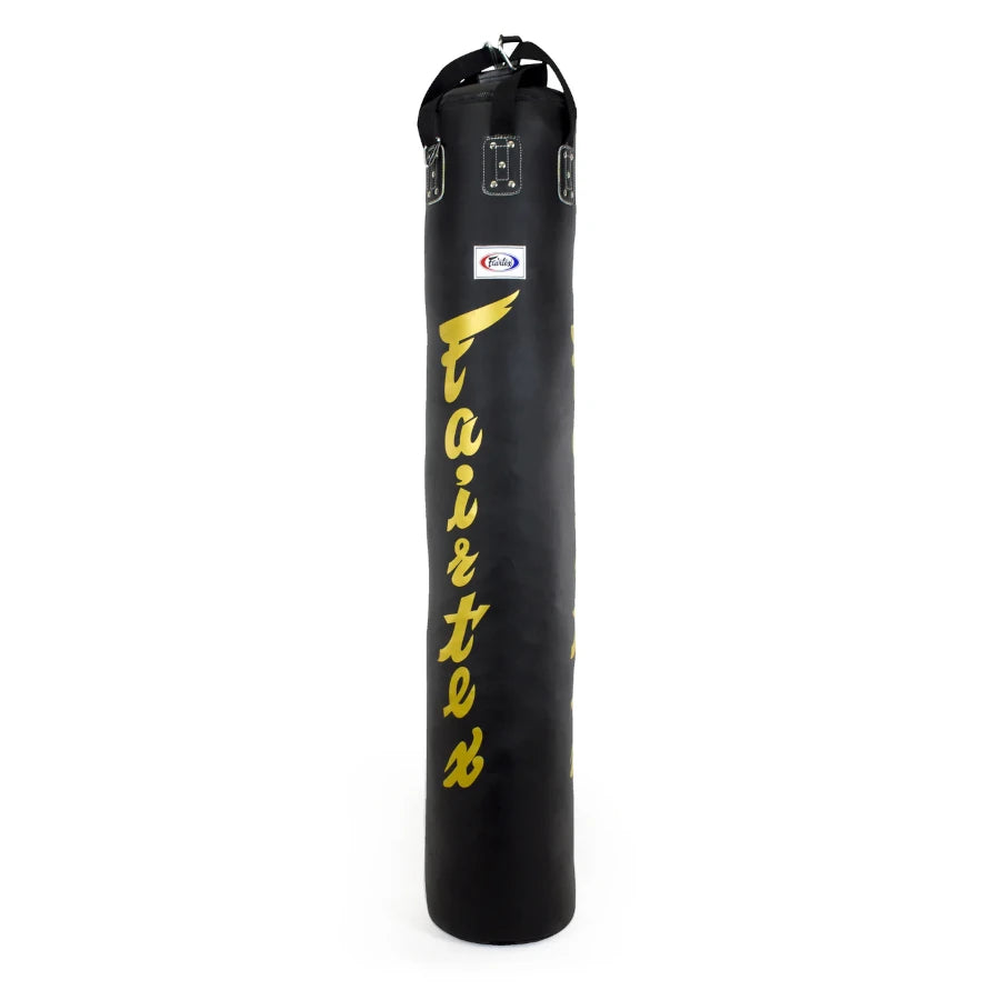 Black punching bag with gold Fairtex text on a white background