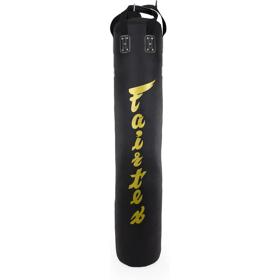 Black punching bag with gold 'Fairtex' branding on a white background