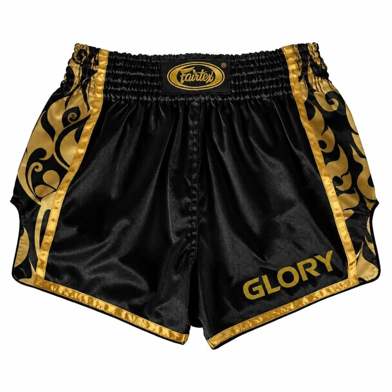 Black Thai boxing shorts with gold trim and 'Fairtex' branding on a white background
