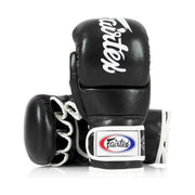 Black MMA sparring gloves with Fairtex branding on a white background