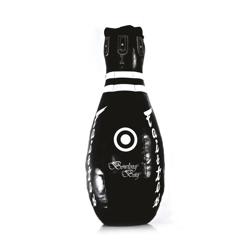 Black and white bowling pin heavy bag with a target design on a white background