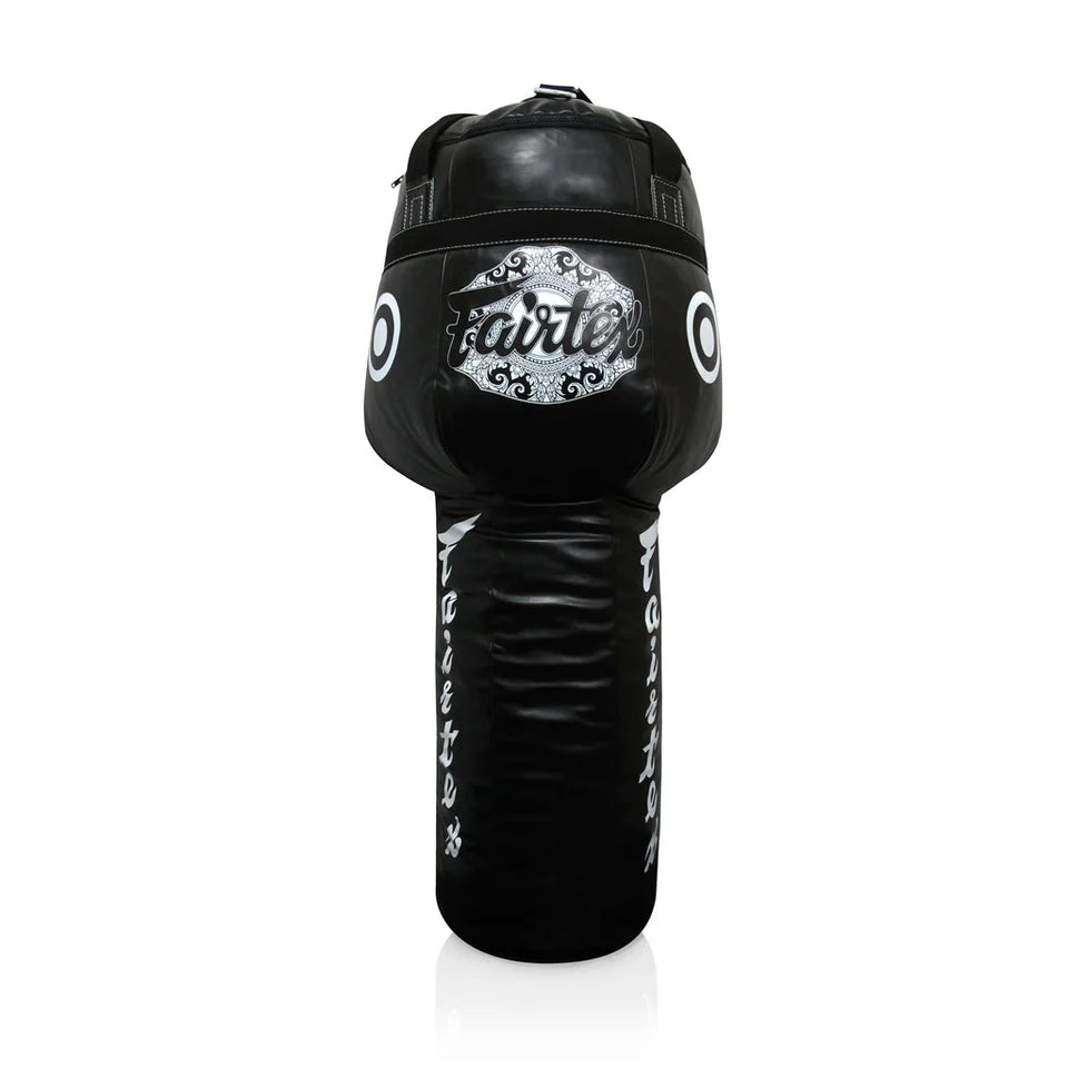 Black tapered boxing bag with 'fairtex' branding on a white background