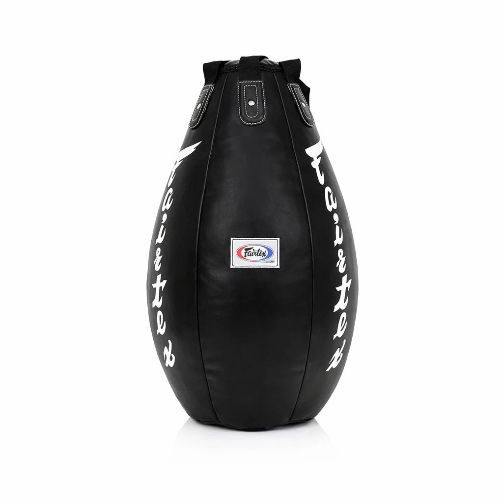 Black tear drop bag with white text on a white background