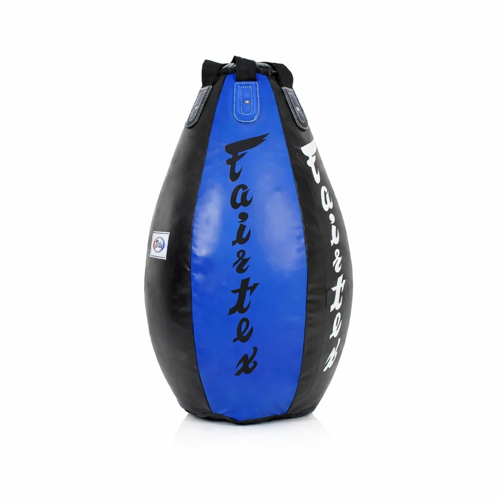 Blue and black punching bag with 'Fairtex' branding on a white background