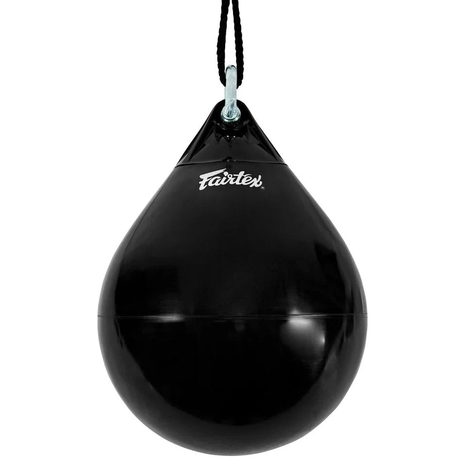 Black Fairtex aqua punching bag on a white background