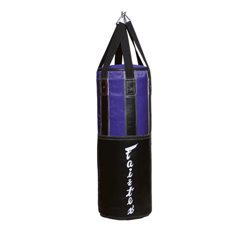 Black and blue punching bag with 'Fairtex' branding on a white background