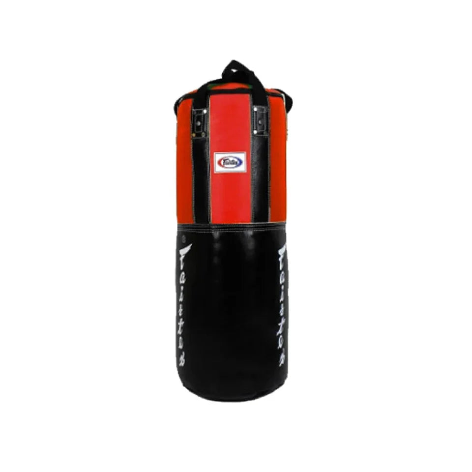Red and black punching bag on a white background