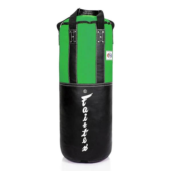 Green and black punching bag with 'Fairtex' branding on a white background