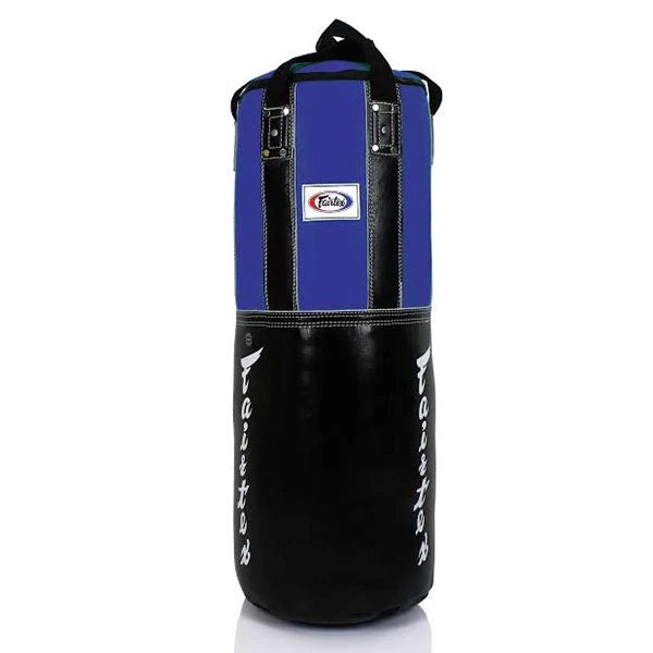 Black and blue punching bag with visible branding on a white background