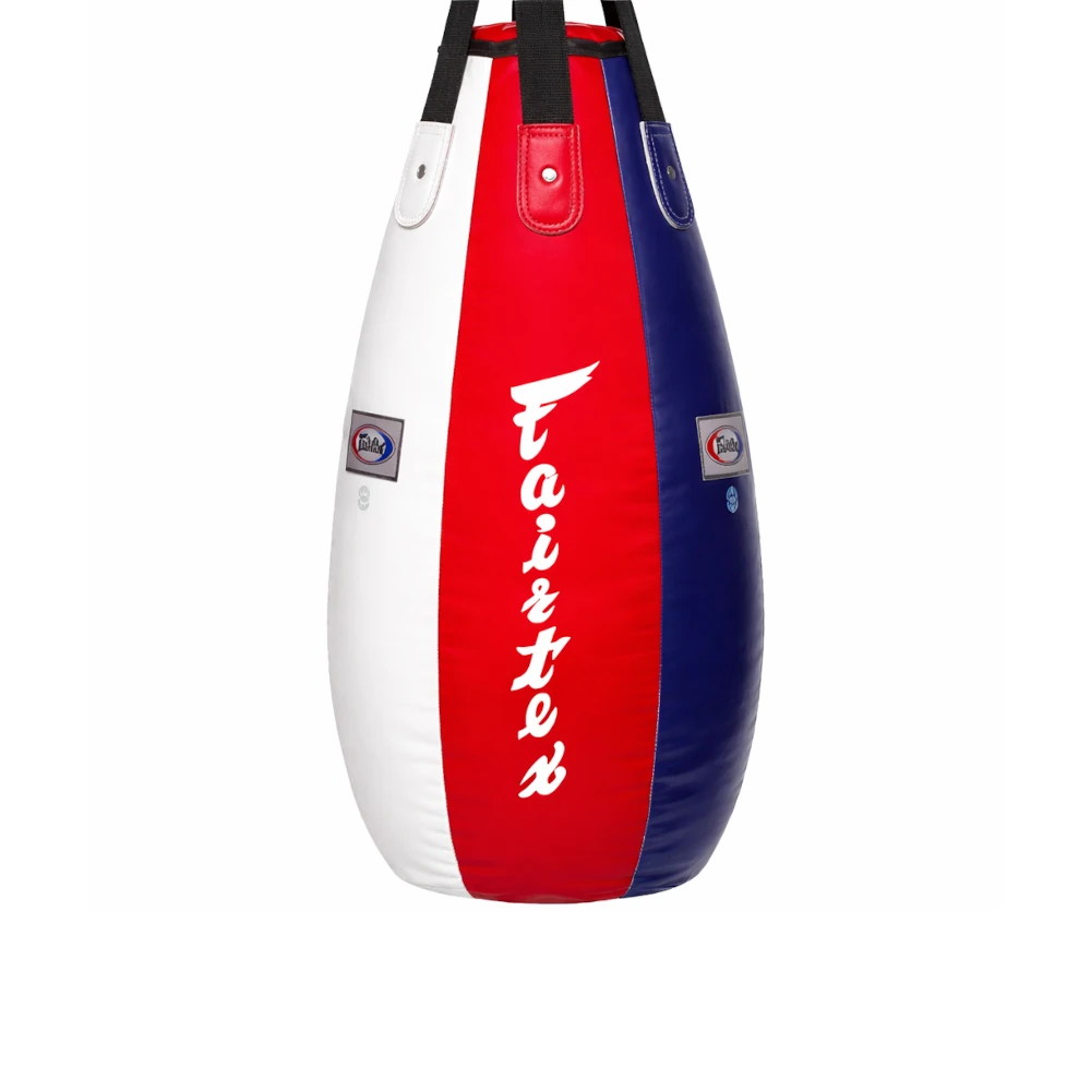 Red, white, and blue punching bag with 'Fairtex' branding on a white background