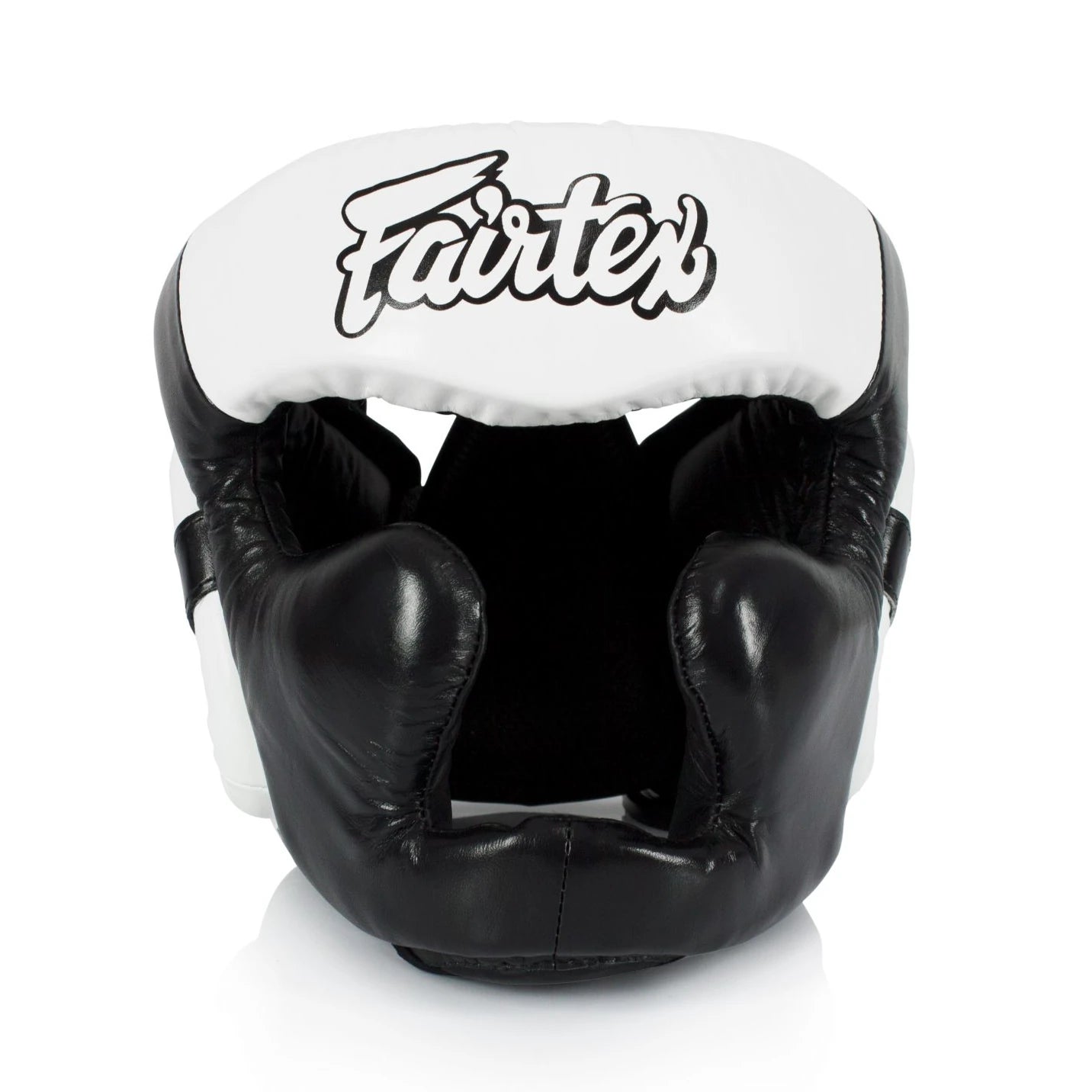 Black boxing headgear with white top featuring Fairtex logo on a white background