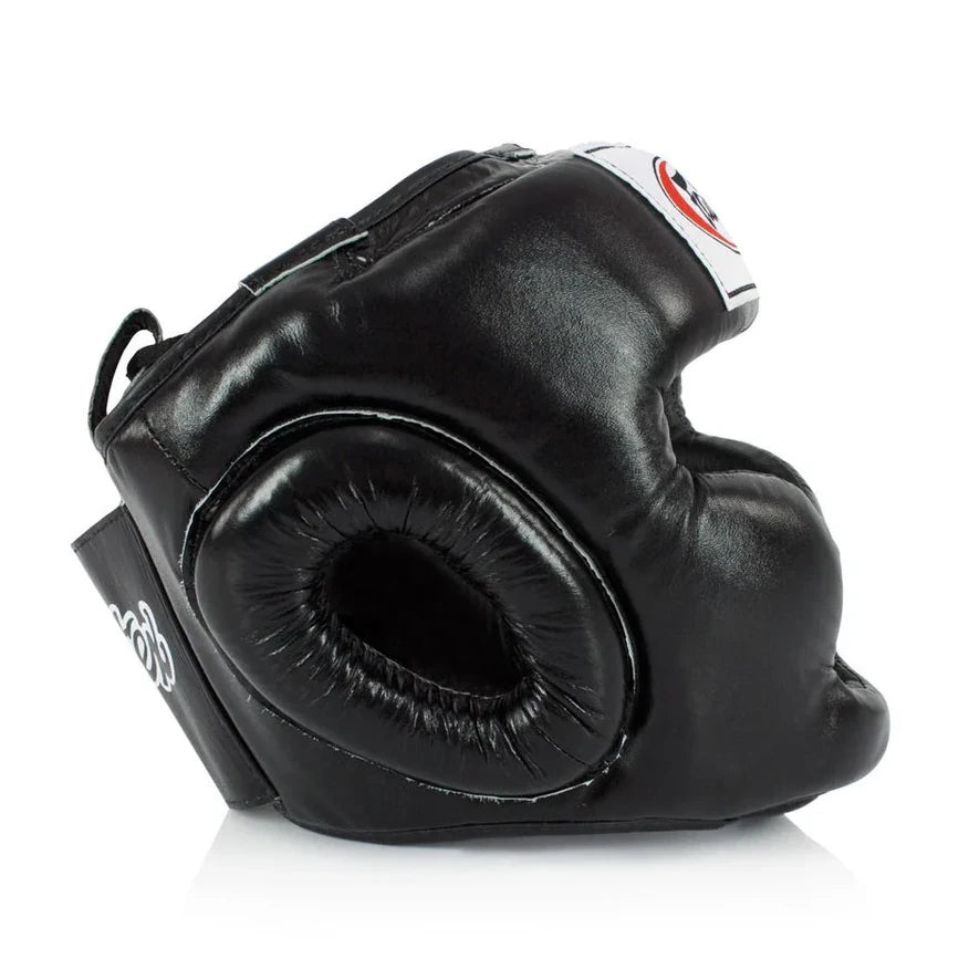 Black boxing headguard with a brand logo on a white background
