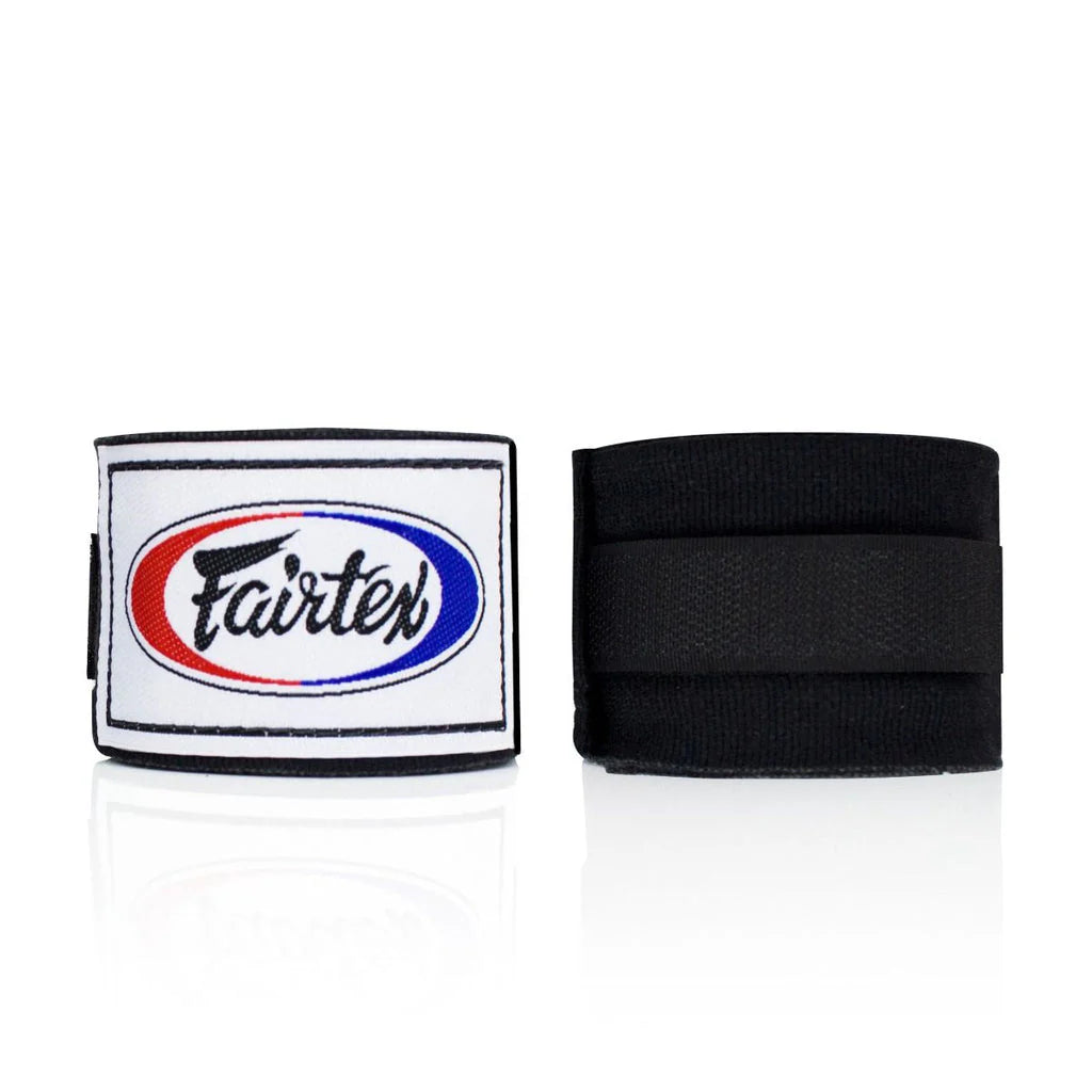 Black boxing hand wraps with Fairtex logo on a white background