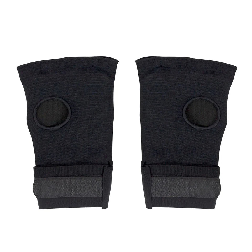 Pair of black wrist guards on a white background