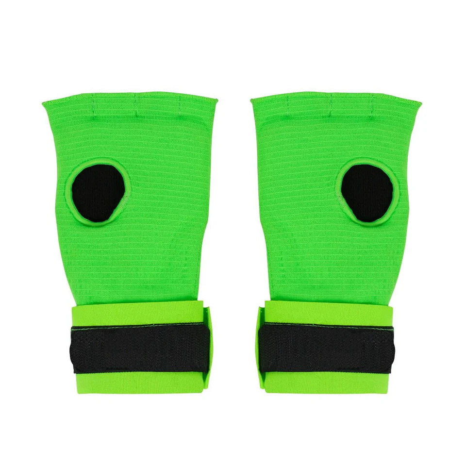 Pair of green quick wraps with black straps on a white background