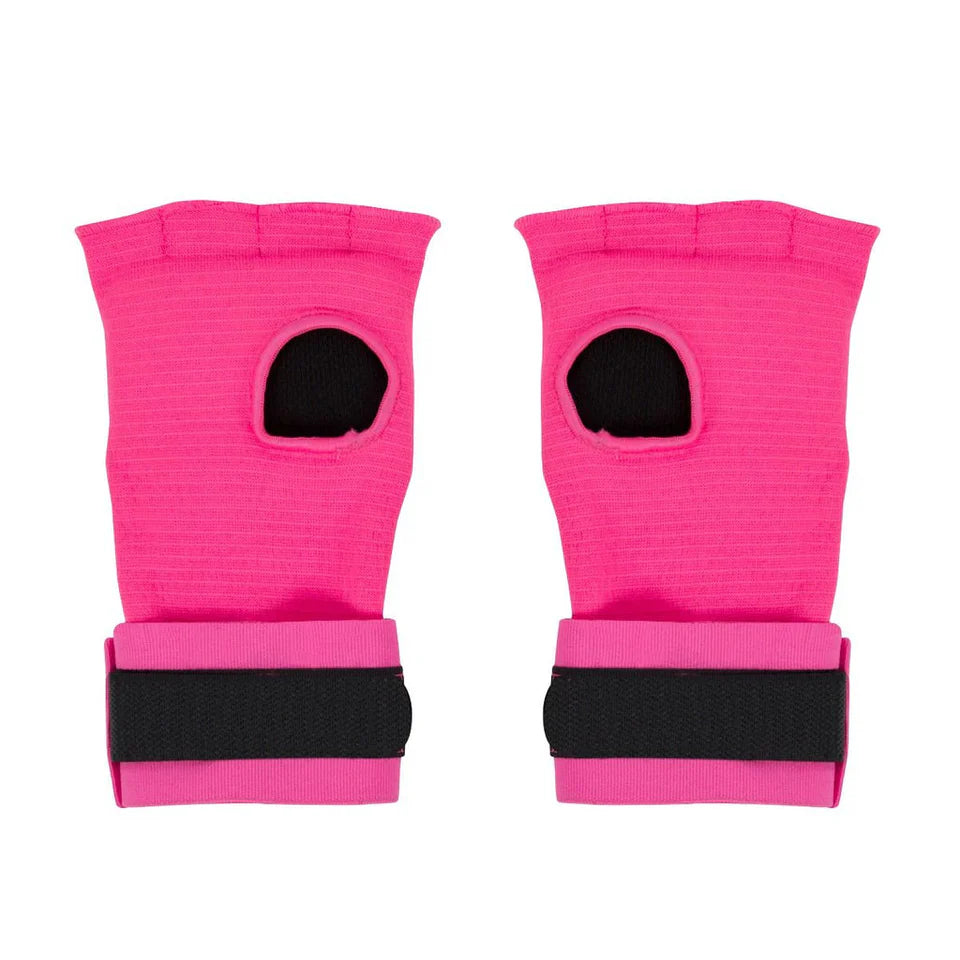 Pair of pink quick wraps with black straps on a white background