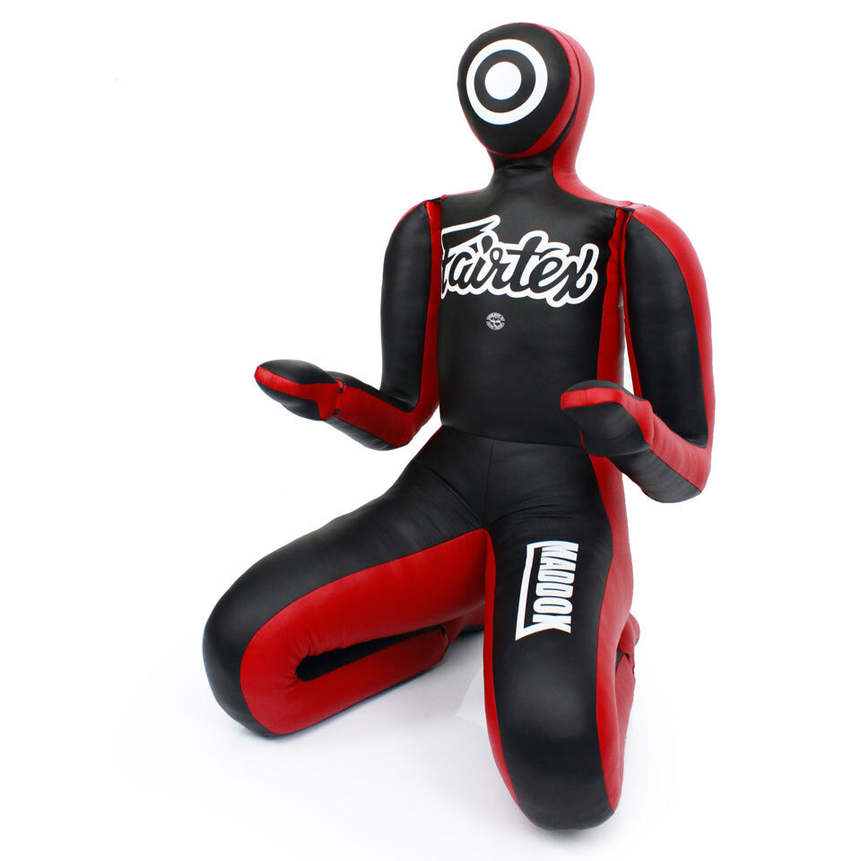 Black and red martial arts dummy with 'Fairtex' branding on a white background