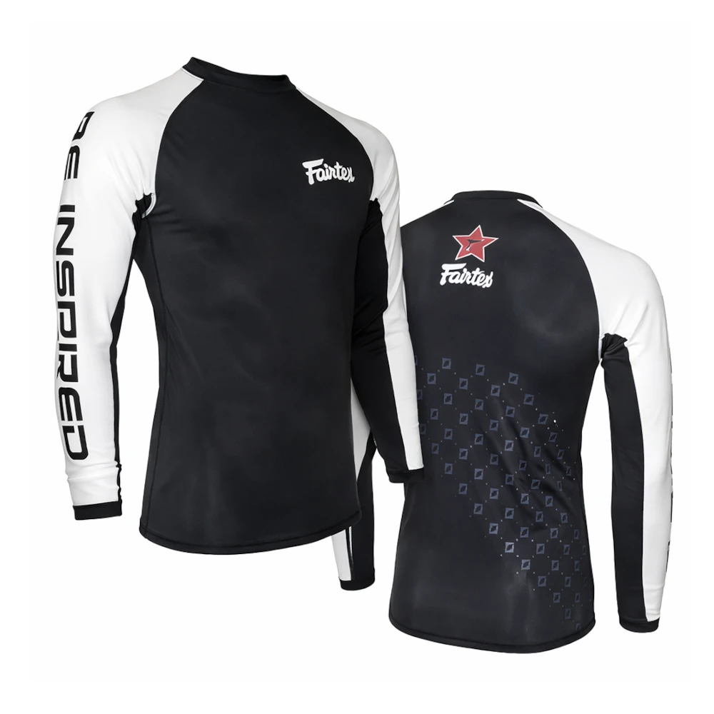 Black and white long-sleeve shirt with branding on a white background