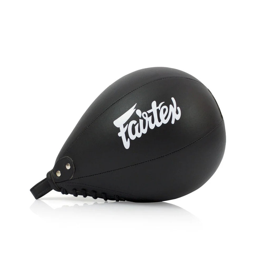 Black boxing speed bag with 'Fairtex' branding on a white background