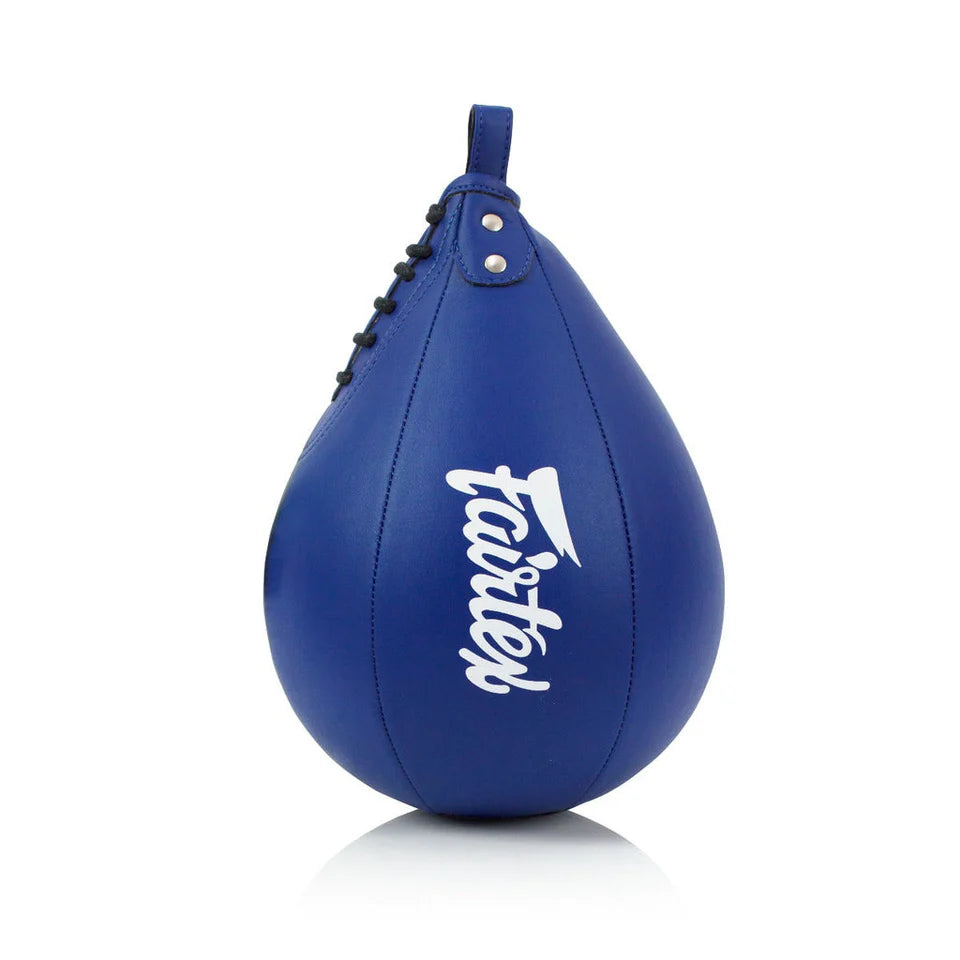 Blue boxing speed bag with 'Fairtex' branding on a white background