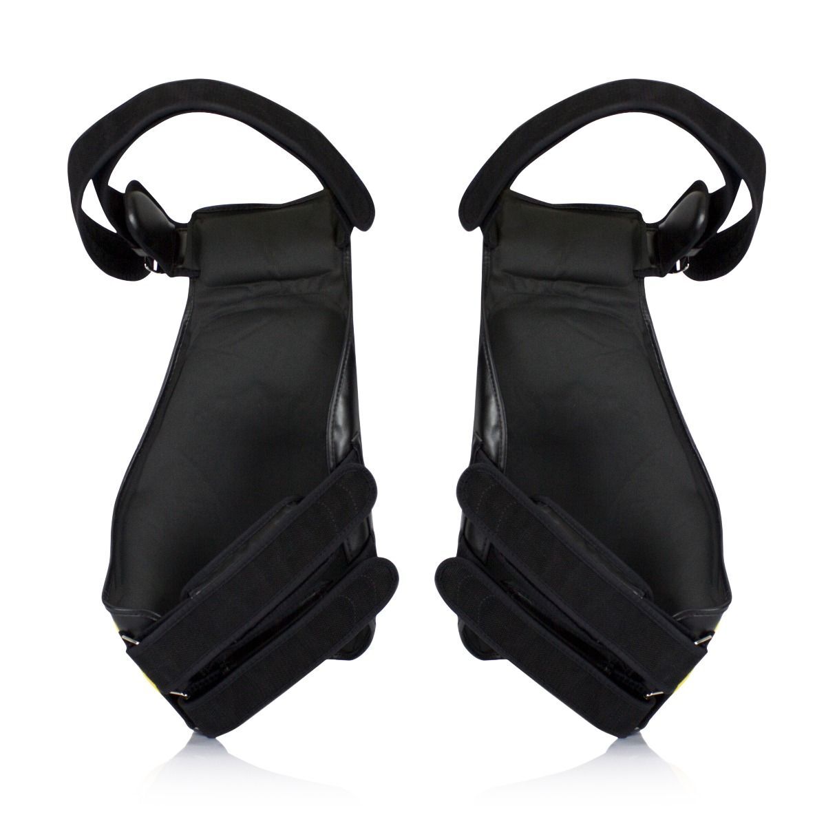 Pair of black straps on a pair of thigh pads on a white background