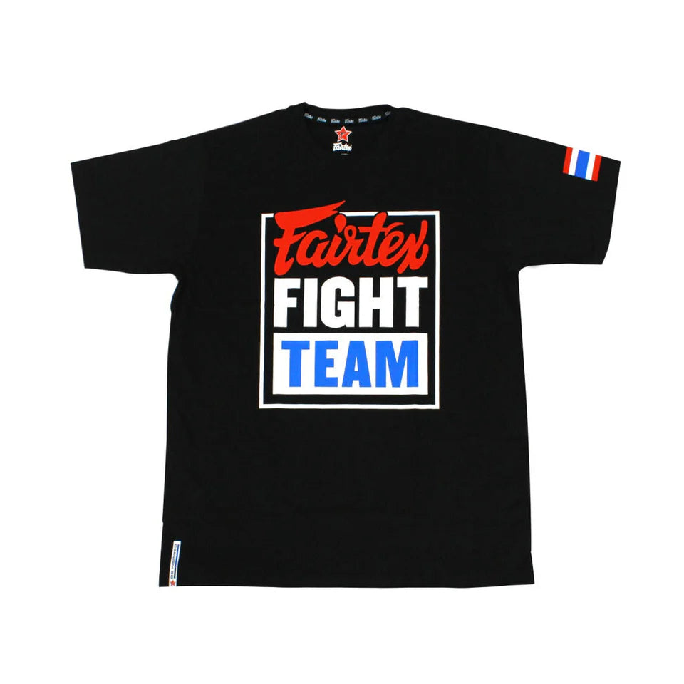 Black t-shirt with 'Fairtex Fight Team' logo on a white background